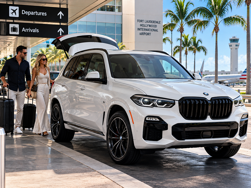 Travelers with luggage and an SUV near Fort Lauderdale airport