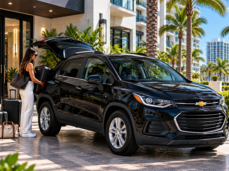 Woman loading luggage into a black Chevrolet Trax for an extended stay in South Florida