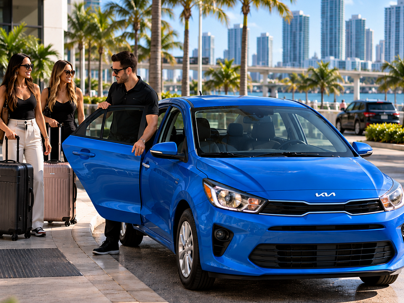 Kia Rio with driver and passengers for flexible gig worker car rental in South Florida