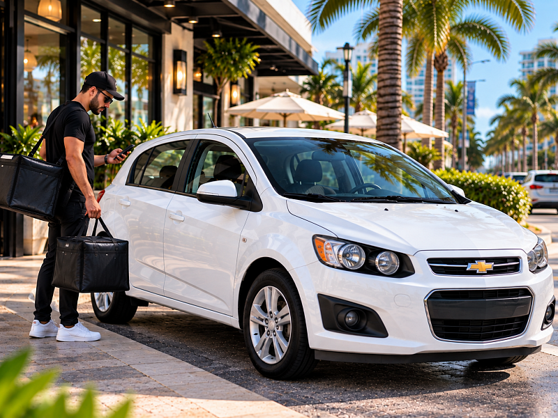 Gig worker with white Chevrolet Sonic rental for delivery work in South Florida