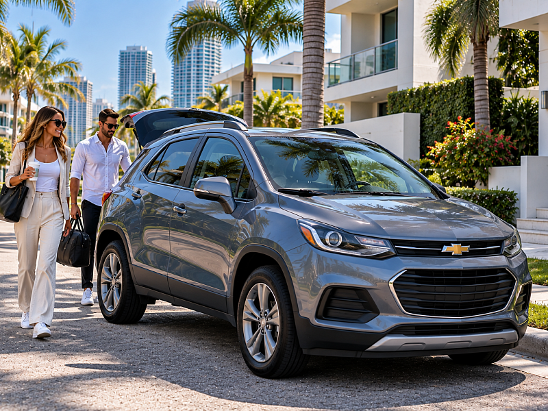Travelers beside a Chevrolet Trax rental in a South Florida neighborhood