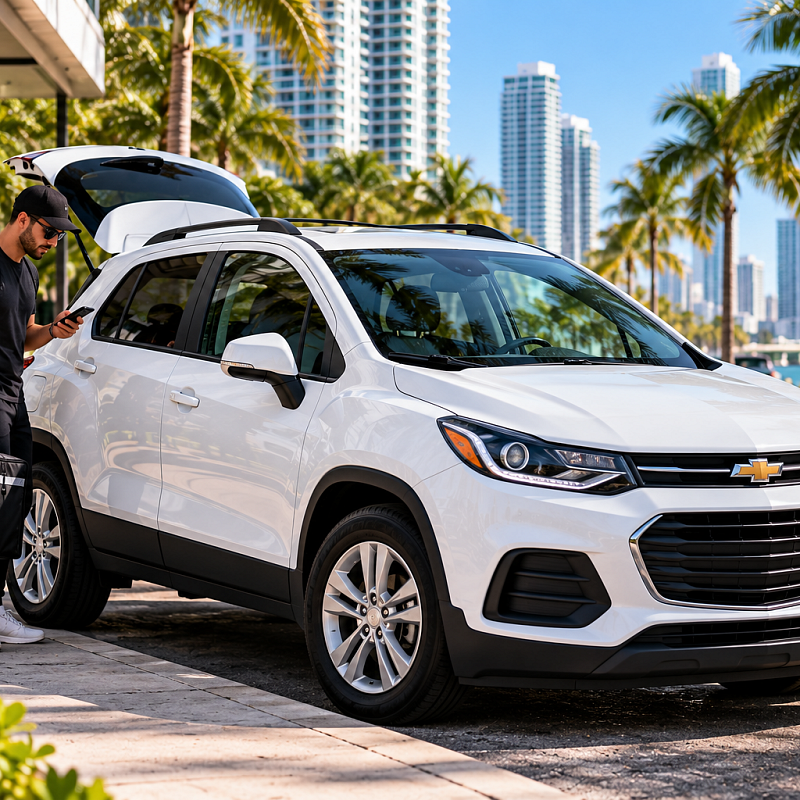 Gig worker with white Chevrolet Trax rental in South Florida