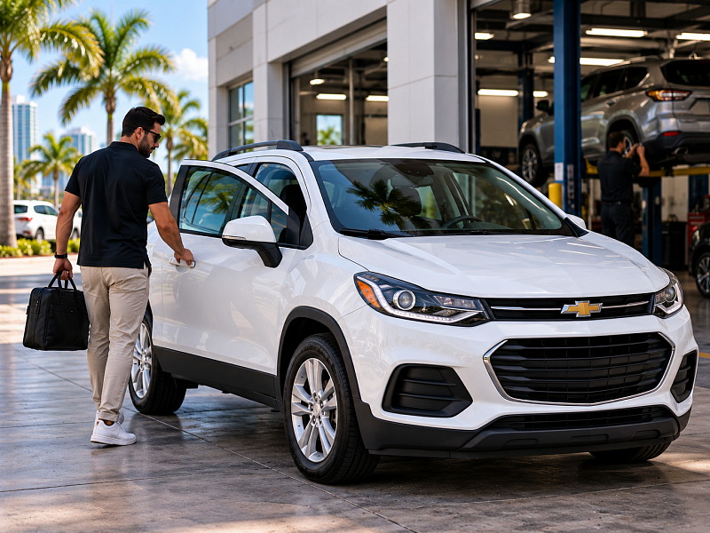 Driver picking up a white Chevrolet Trax rental while a personal vehicle is being serviced