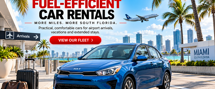 Blue Kia fuel-efficient economy car available for rent in South Florida