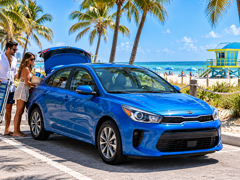 Couple loading beach gear into a blue Kia Rio rental in South Florida