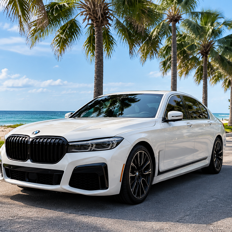 White BMW luxury sedan available for rent with MOOV Rentals in South Florida