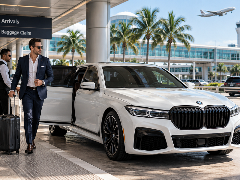 Traveler with luggage and white BMW luxury sedan at a South Florida airport