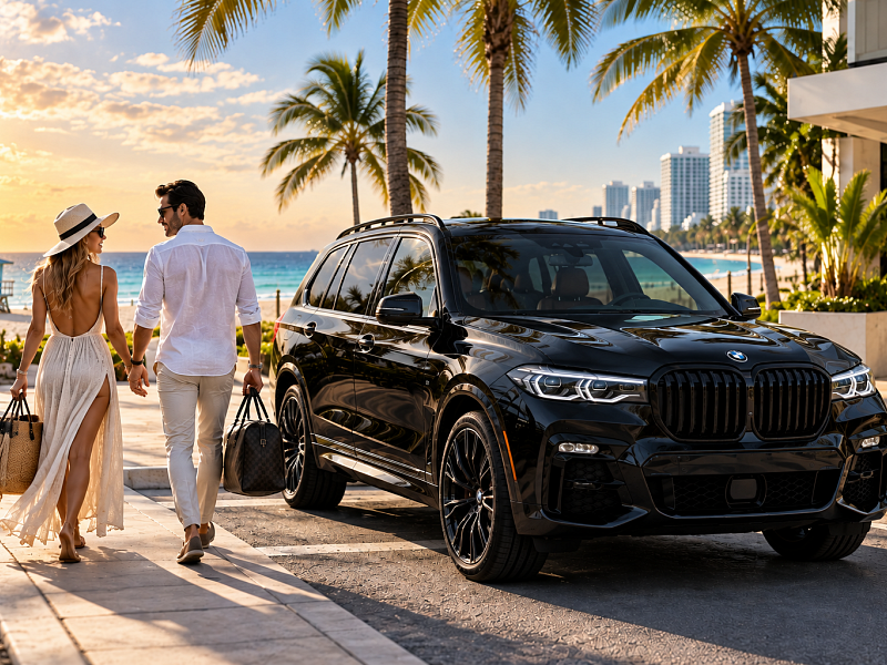 Couple with black BMW luxury SUV on a South Florida beach vacation