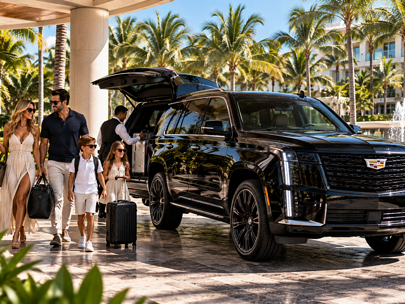 Family with luggage and black Cadillac Escalade luxury SUV in South Florida
