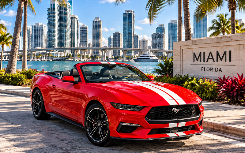 MOOV Rentals red Ford Mustang convertible rental in Miami Florida