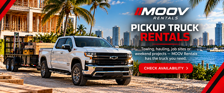 MOOV Rentals pickup truck with utility trailer for towing, hauling and work projects in Pompano Beach and South Florida