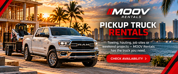 MOOV Rentals pickup truck towing a utility trailer for work, hauling and projects in South Florida