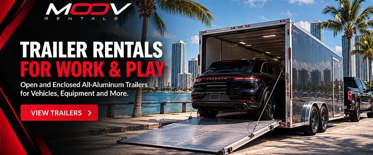 MOOV Rentals enclosed aluminum trailer for vehicle transport, equipment hauling and projects in South Florida