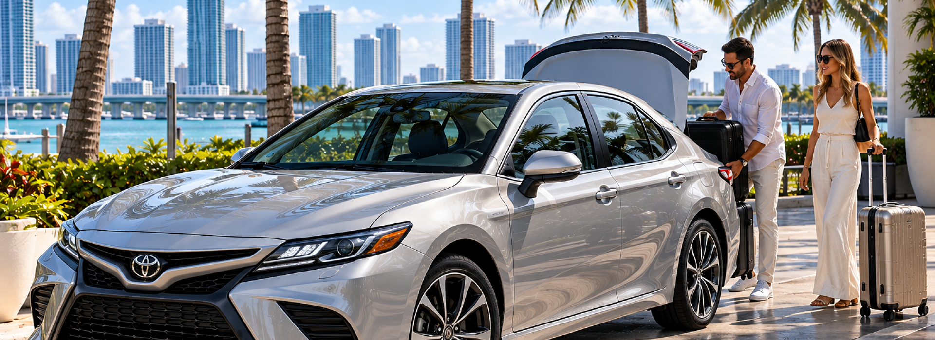 Couple with luggage beside a Toyota Camry rental in South Florida