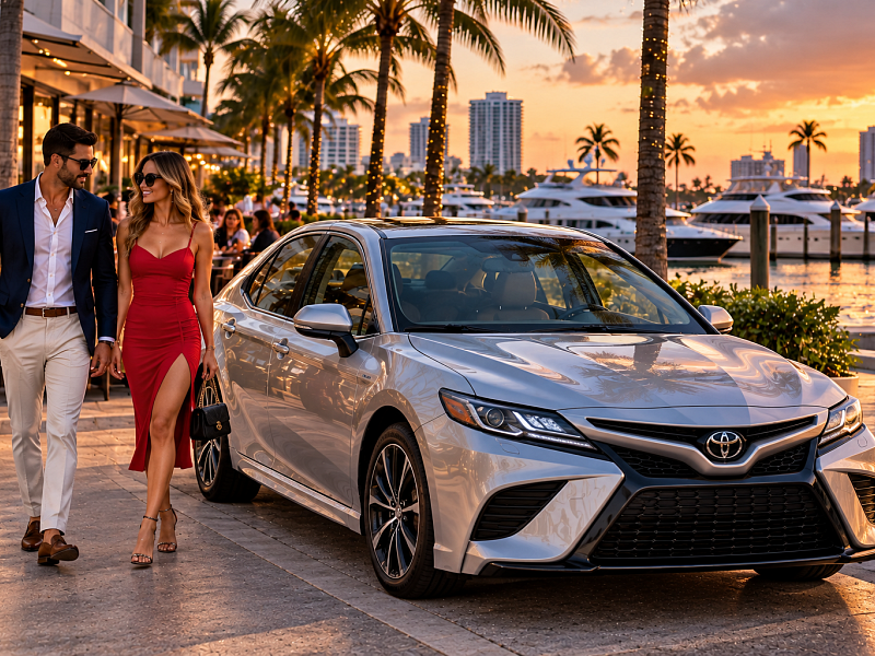 Couple beside a Toyota Camry rental at a South Florida waterfront destination
