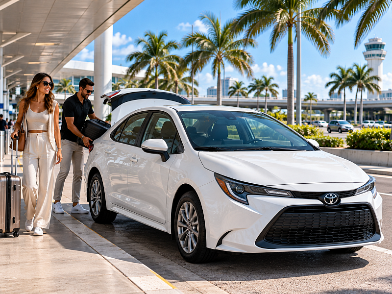 Travelers with luggage beside a Toyota Corolla rental at a South Florida airport