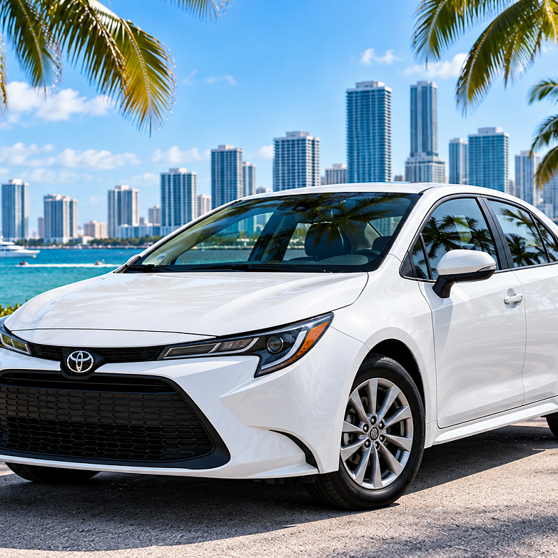 White Toyota Corolla economy car available for rent in South Florida